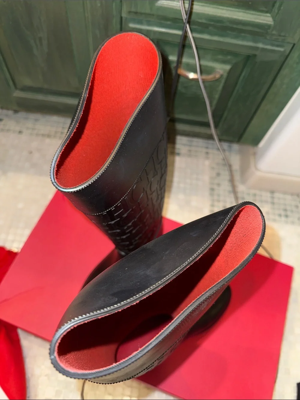 Carolina Herrera Black Embossed CH Logo Tall Rain Boots